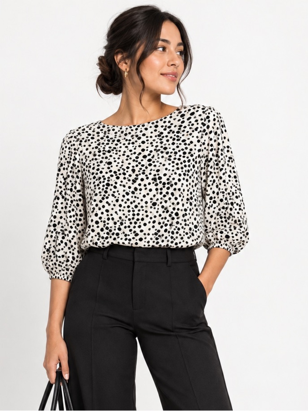 Ann Taylor Factory Petite XSP Spotted Puff Sleeve Blouse